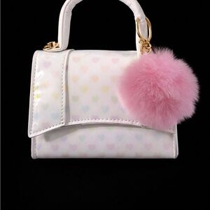 White Heart Pattern Bag with Pink Pom Pom